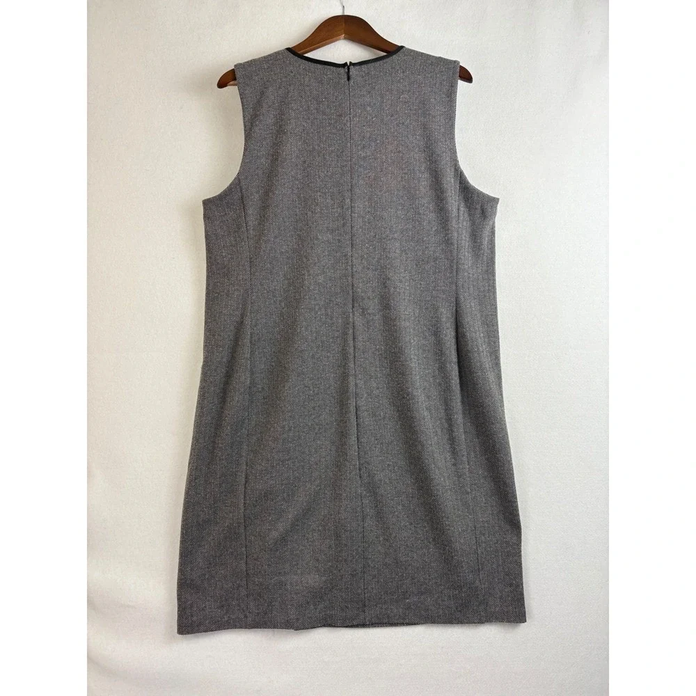 Lauren Ralph Lauren Women Gray Herringbone Sleeveless Dress Faux Leather Trim 2X